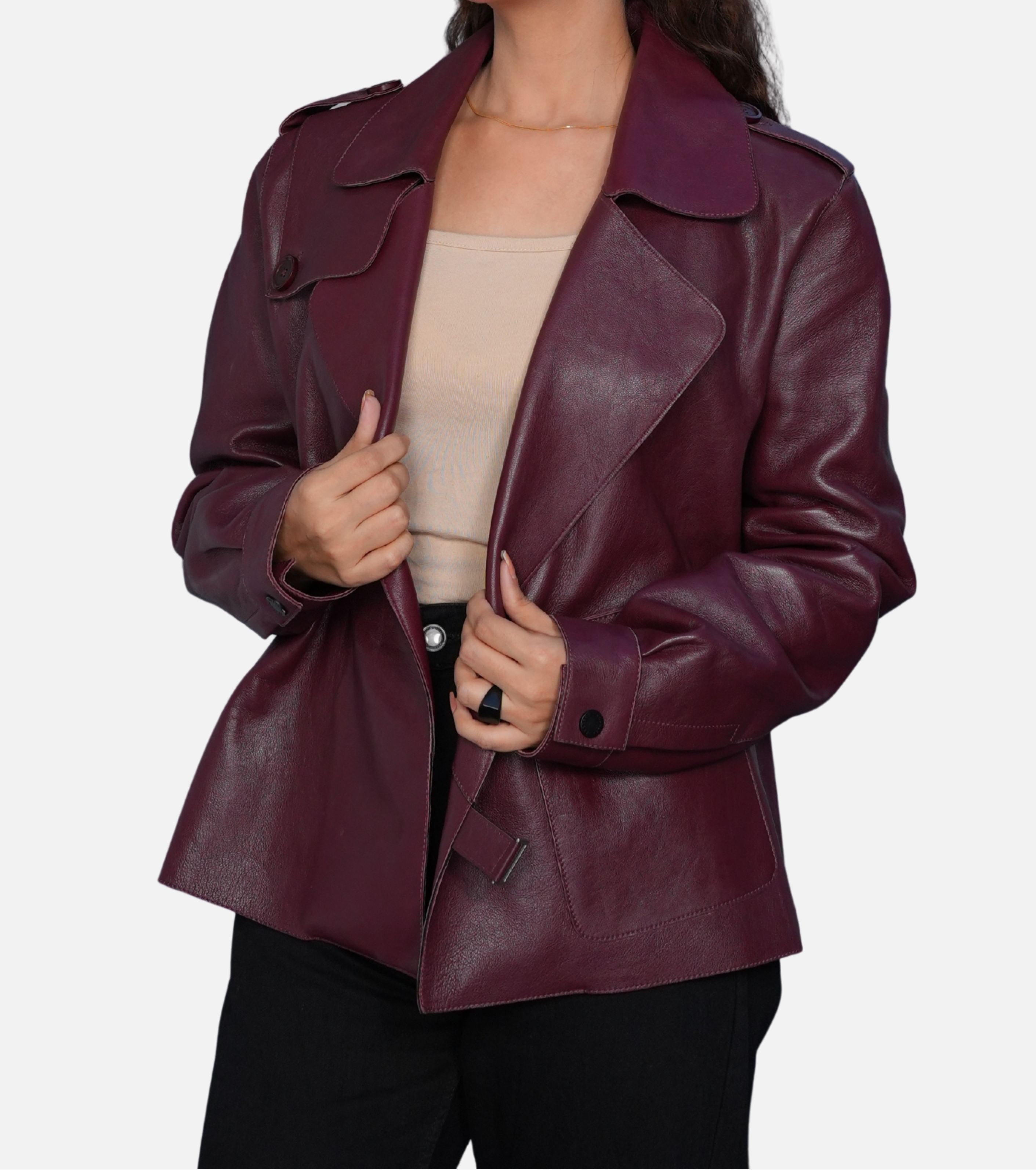 burgundy real leather biker jacket for women